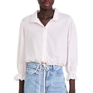 Xirena Elody Cotton Poplin Kiss Kiss Light Pink Tie Waist Crop Button Down Shirt